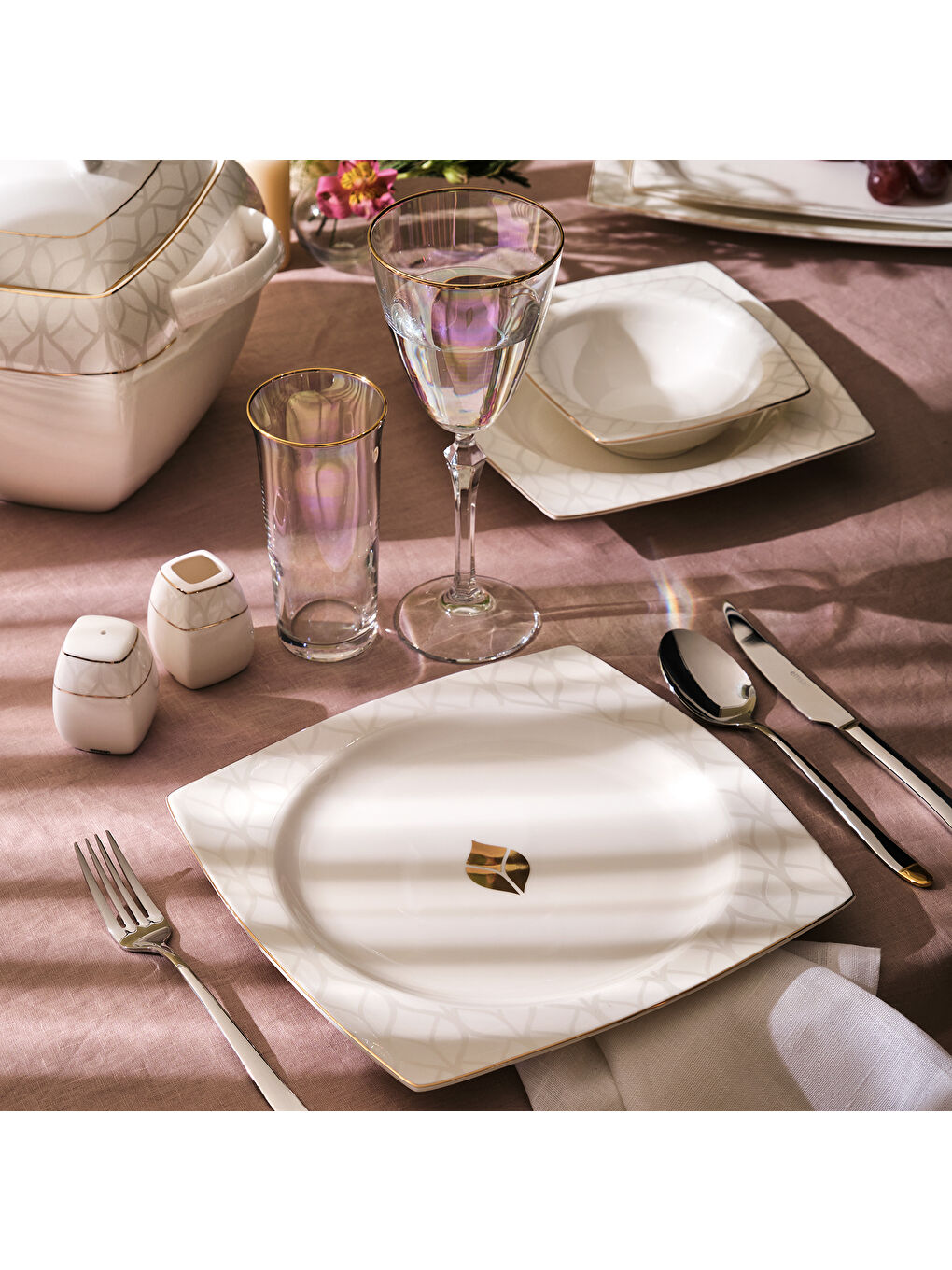 Beyaz Golden Leaf Fine Bone 60 Parça 12 Kişilik Yemek Takımı Gold-2