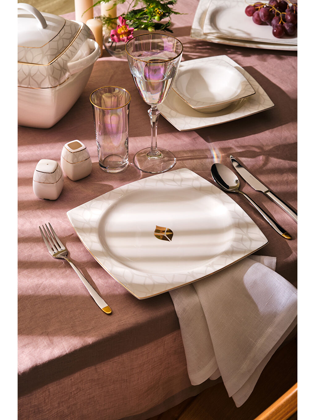 Beyaz Golden Leaf Fine Bone 60 Parça 12 Kişilik Yemek Takımı Gold-3