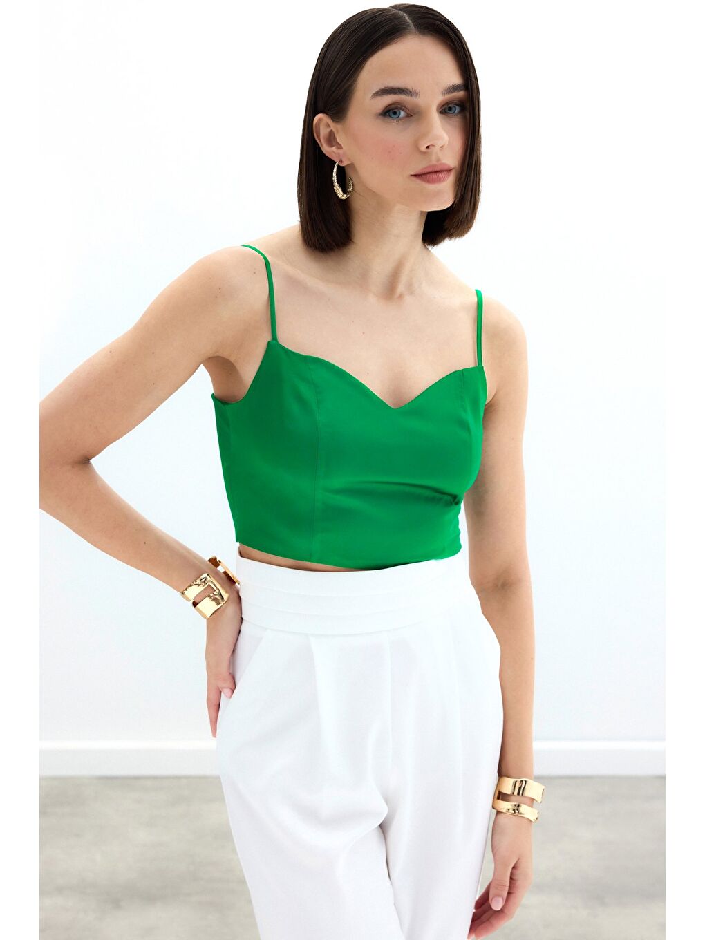 İp Askılı Saten Crop Bluz - Yeşil-1