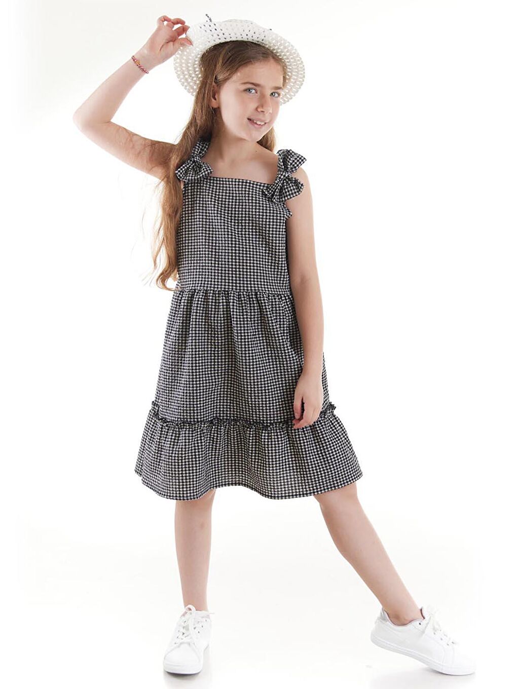 Siyah Kız Çocuk Elbise Gofre Pötikare Şapkalı Set Elbise Ak2524-1