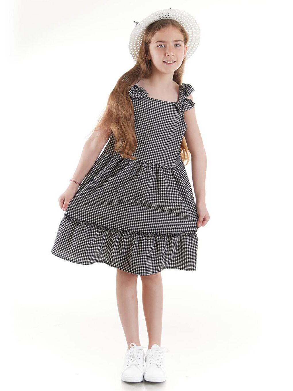 Siyah Kız Çocuk Elbise Gofre Pötikare Şapkalı Set Elbise Ak2524-3