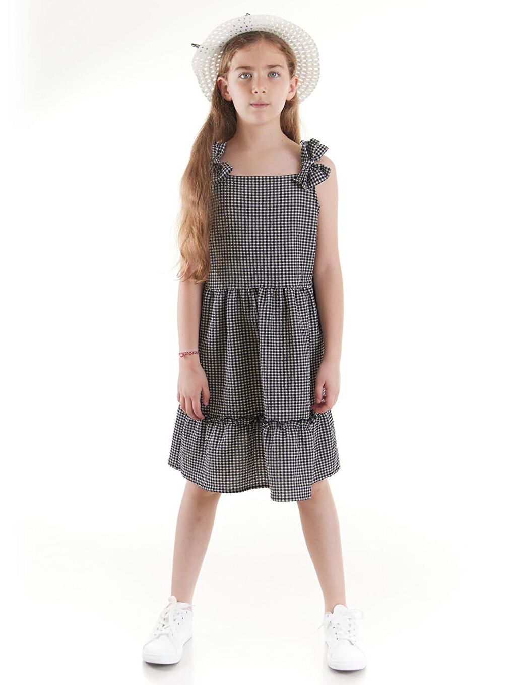 Siyah Kız Çocuk Elbise Gofre Pötikare Şapkalı Set Elbise Ak2524-4