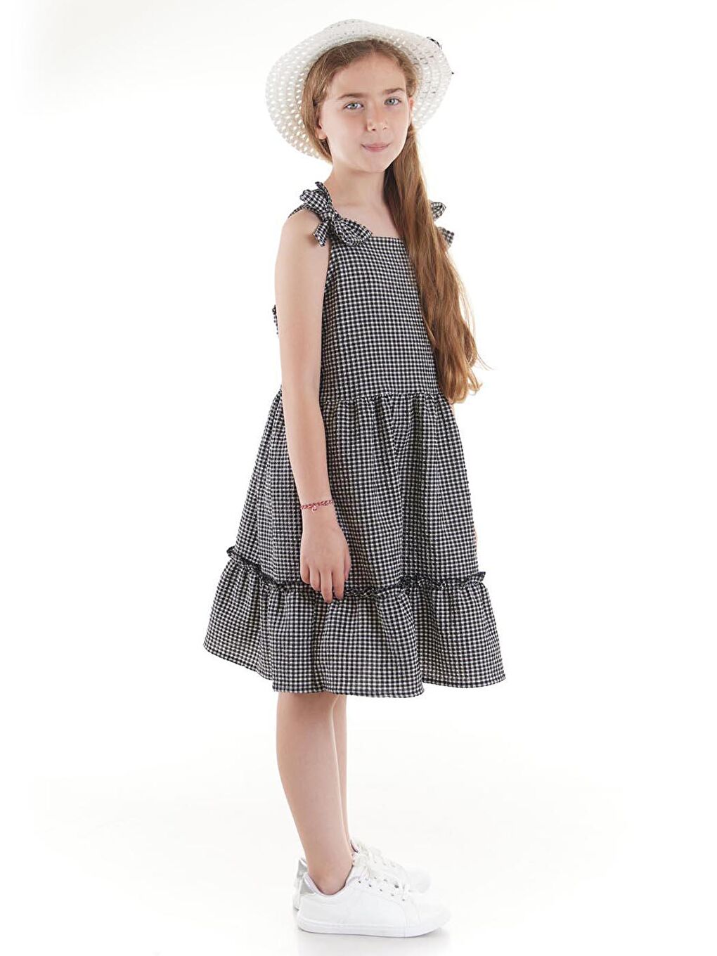 Siyah Kız Çocuk Elbise Gofre Pötikare Şapkalı Set Elbise Ak2524-5
