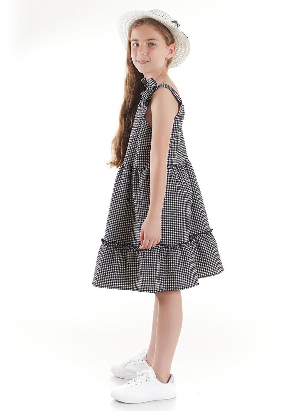 Siyah Kız Çocuk Elbise Gofre Pötikare Şapkalı Set Elbise Ak2524-6