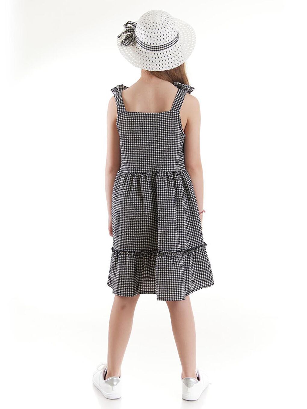 Siyah Kız Çocuk Elbise Gofre Pötikare Şapkalı Set Elbise Ak2524-7