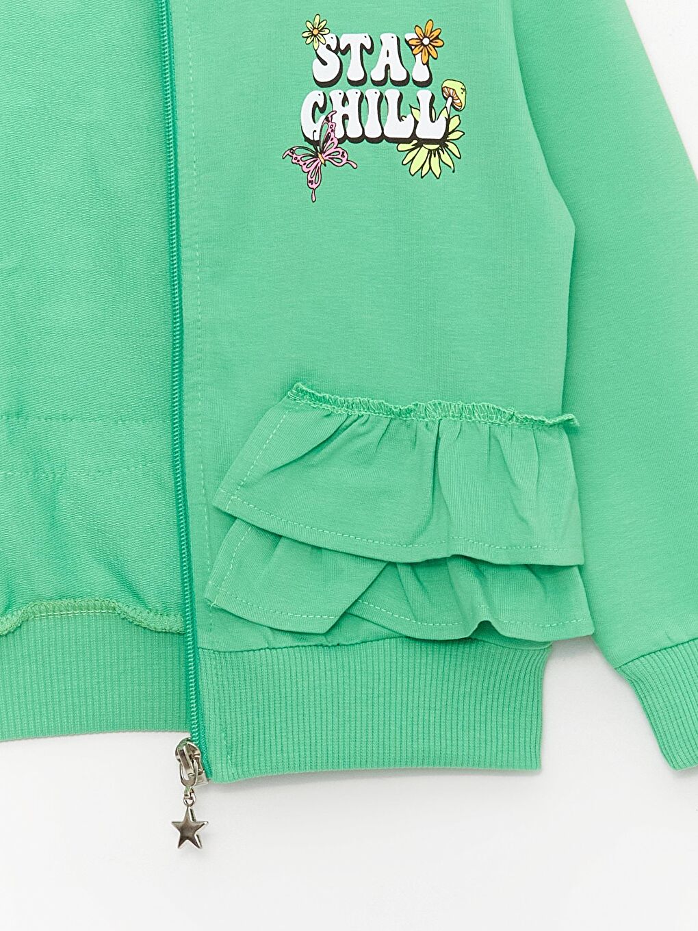 Yeşil Kız Çocuk Stay Chill Fırfırlı Fermuarlı Sweatshirt Arkası Baskılı-1