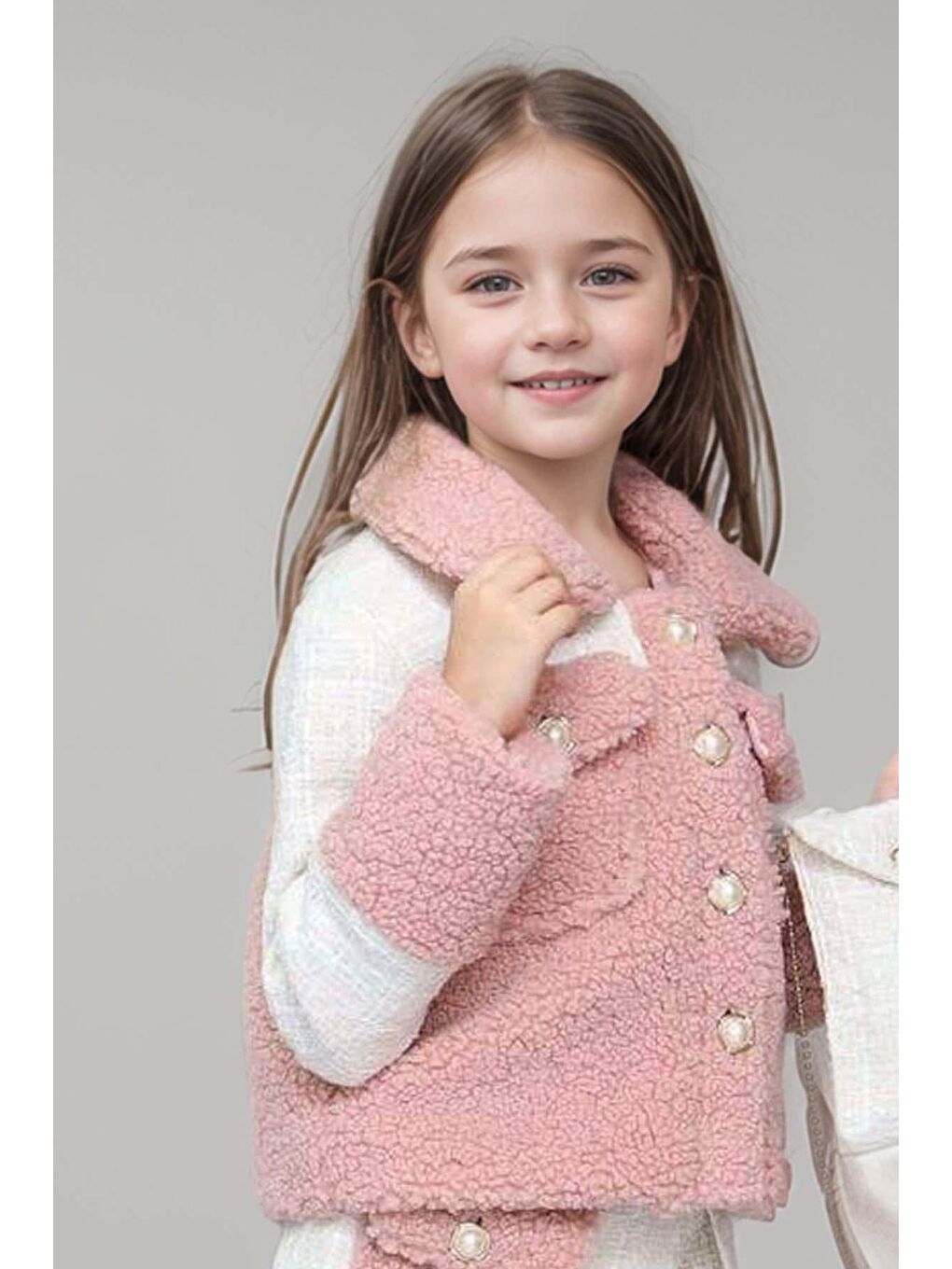 Kız Çocuk İnci Düğme ve Pelüş Detaylı Gömlek Pembe Triko Etekli Takım-1