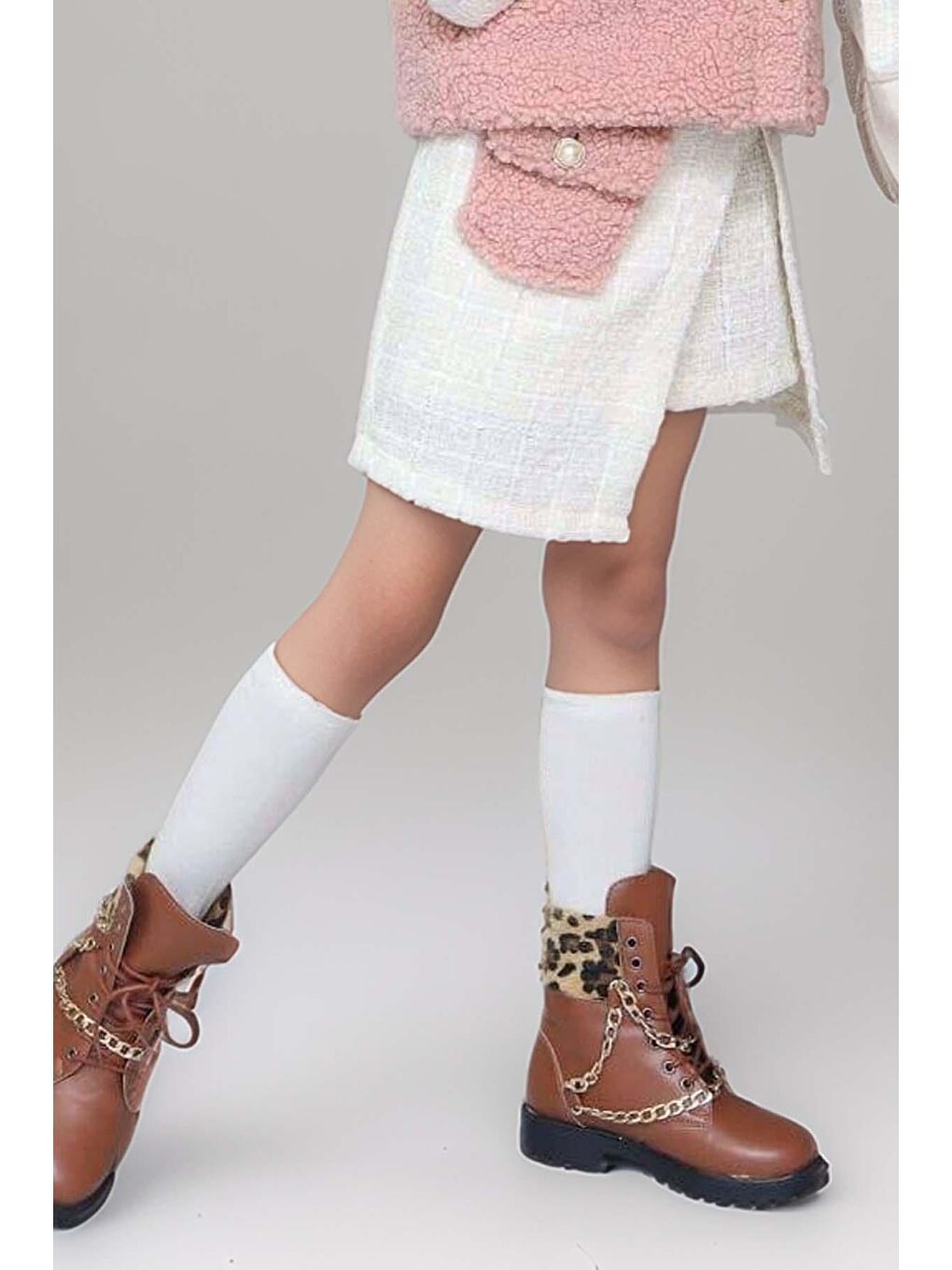 Kız Çocuk İnci Düğme ve Pelüş Detaylı Gömlek Pembe Triko Etekli Takım-2