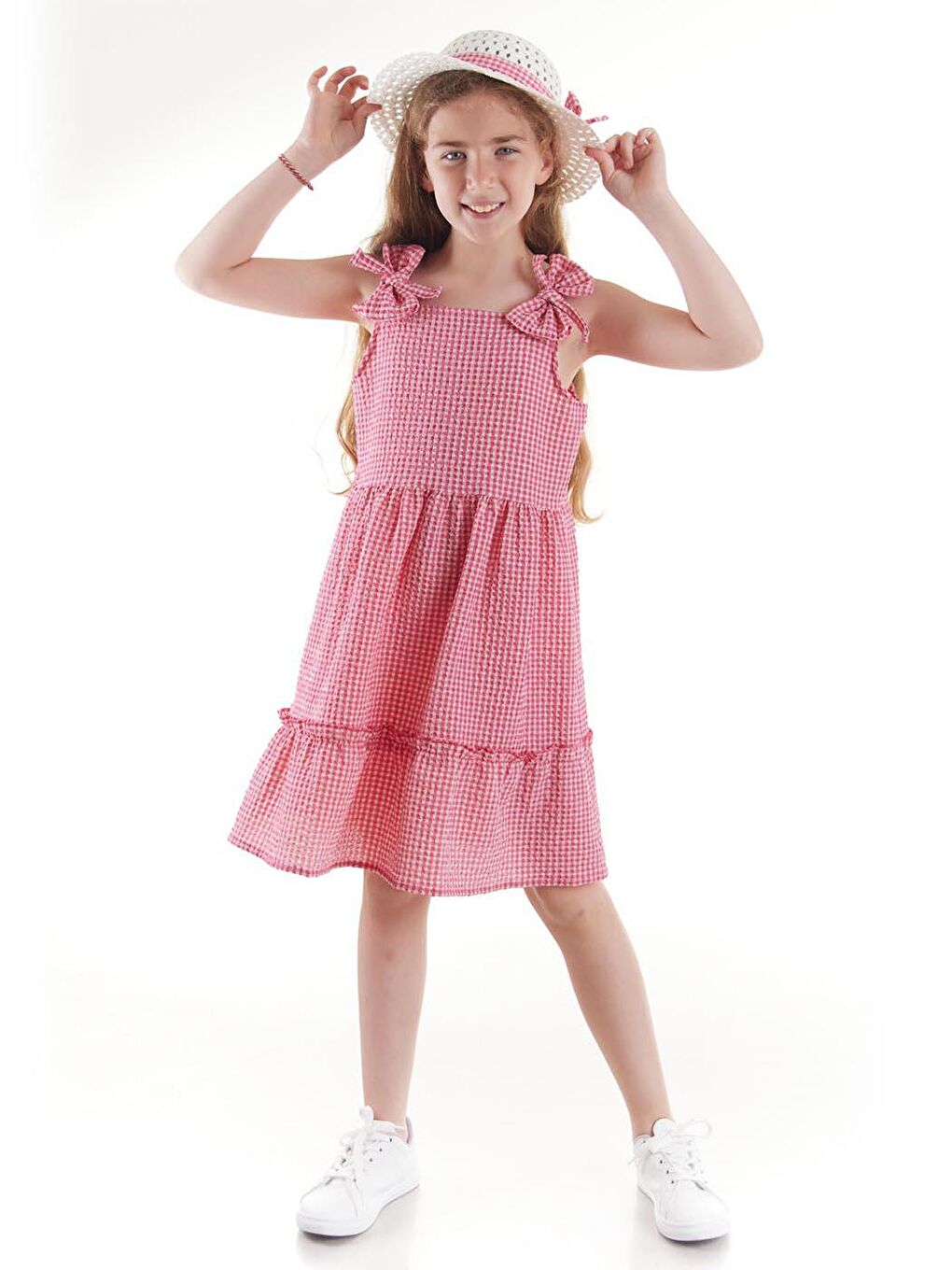 Pembe Kız Çocuk Elbise Gofre Pötikare Şapkalı Set Elbise Ak2524