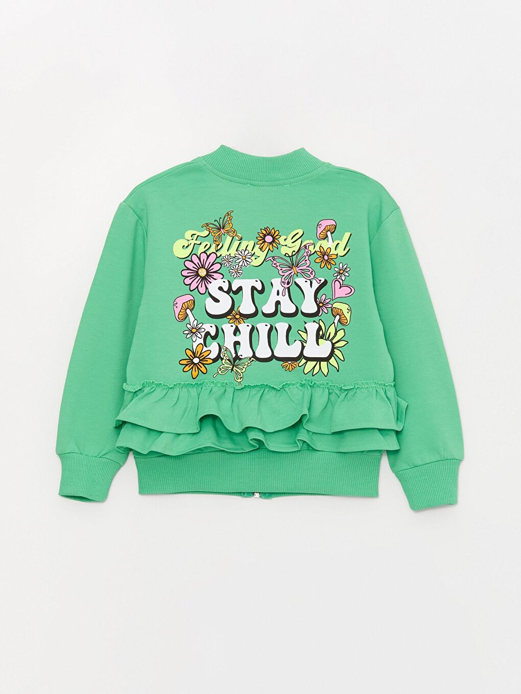 Yeşil Kız Çocuk Stay Chill Fırfırlı Fermuarlı Sweatshirt Arkası Baskılı-3