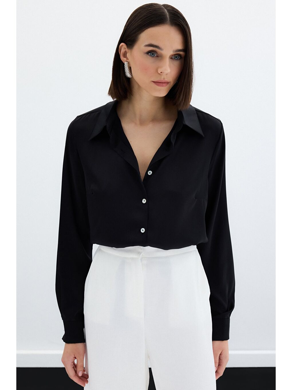 Saten Gömlek - Siyah-4