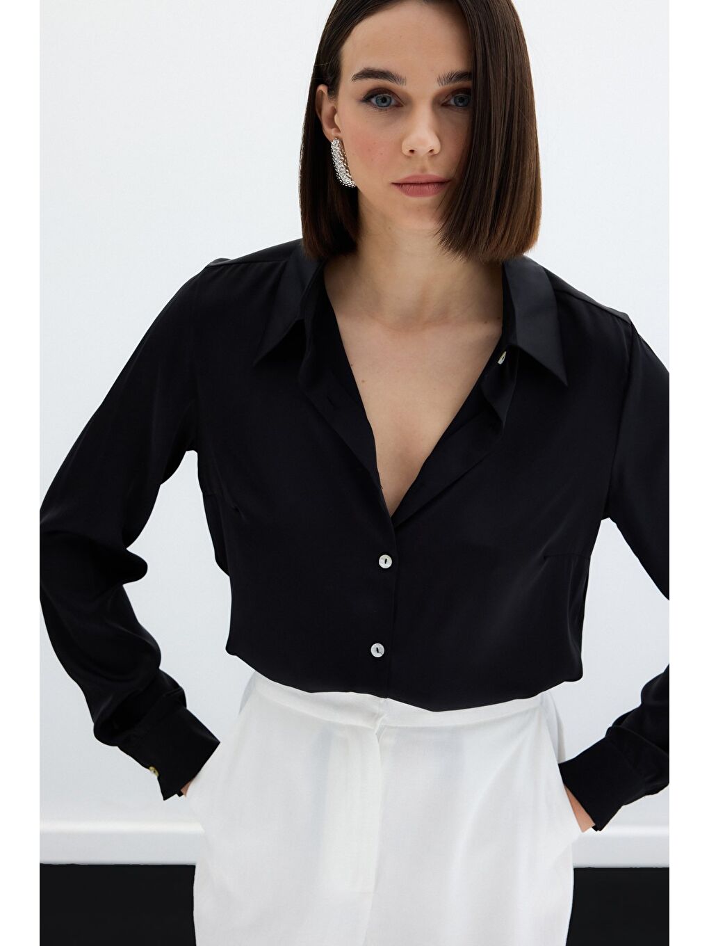 Saten Gömlek - Siyah-5