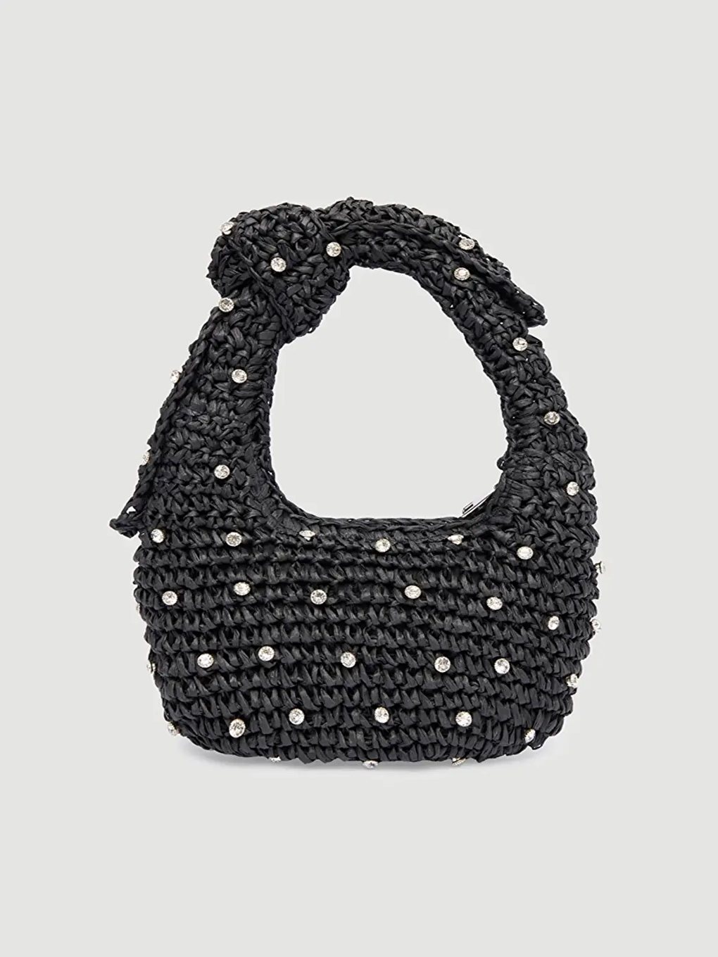 Taş Detaylı El Örgüsü Siyah Hasır Çanta