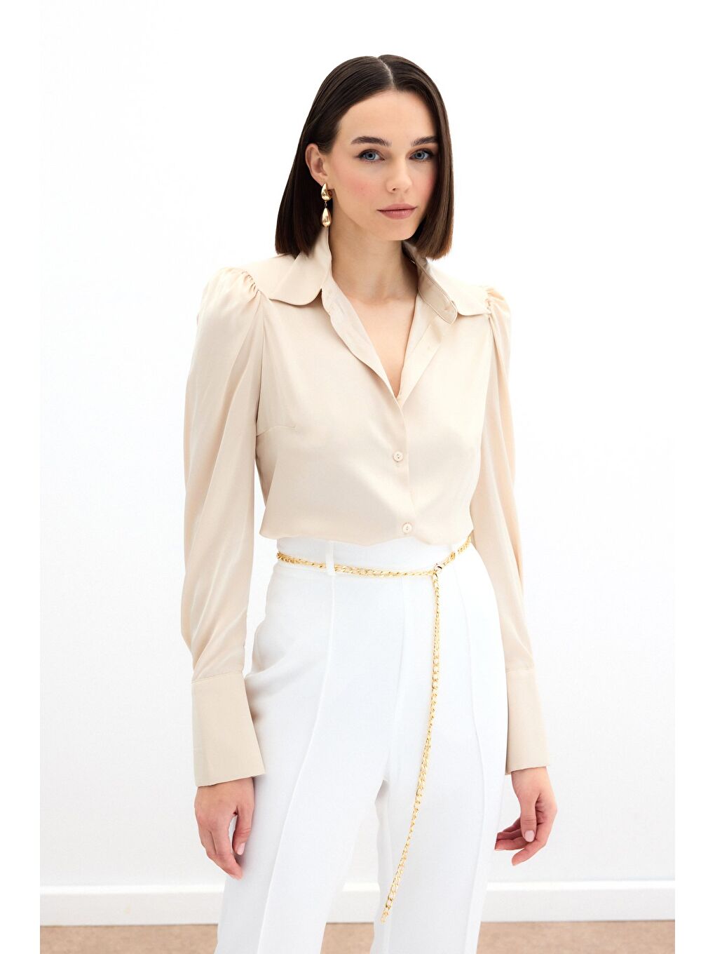 Vatkalı Saten Gömlek - Bej-1