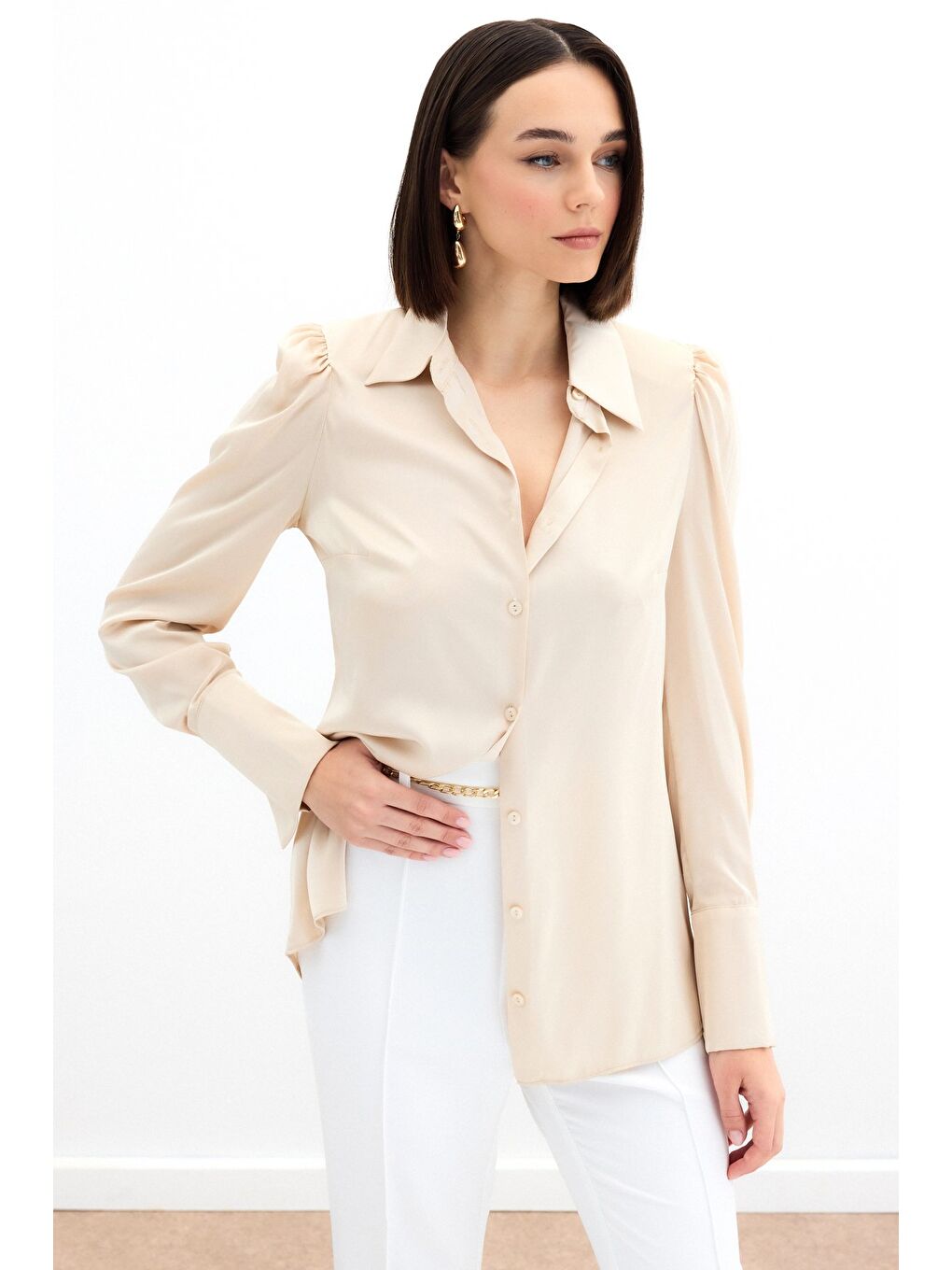 Vatkalı Saten Gömlek - Bej-2