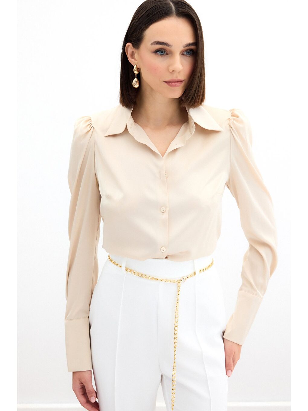 Vatkalı Saten Gömlek - Bej-3