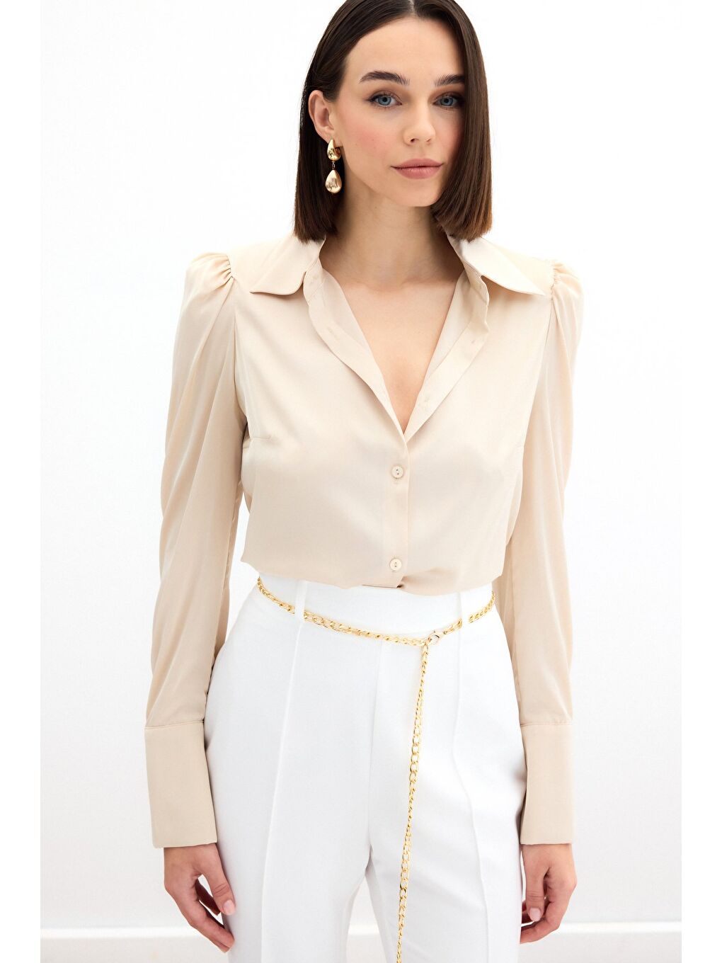 Vatkalı Saten Gömlek - Bej-4