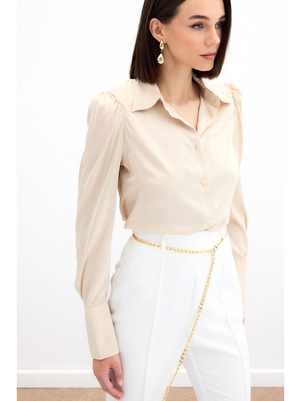 Vatkalı Saten Gömlek - Bej-5