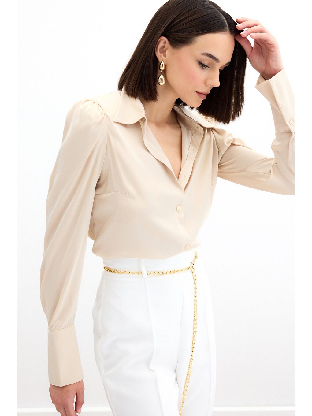 Vatkalı Saten Gömlek - Bej-6