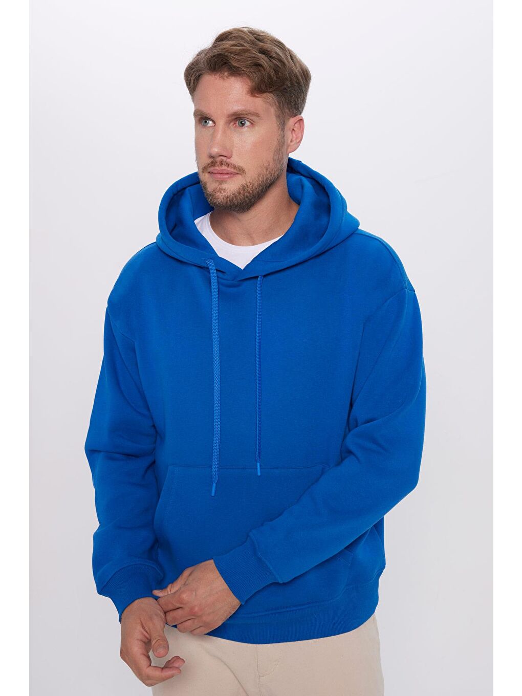 TUDORS Oversize Pamuk Kapüşonlu Basıc Unisex Saks Mavi Hoodie - 1