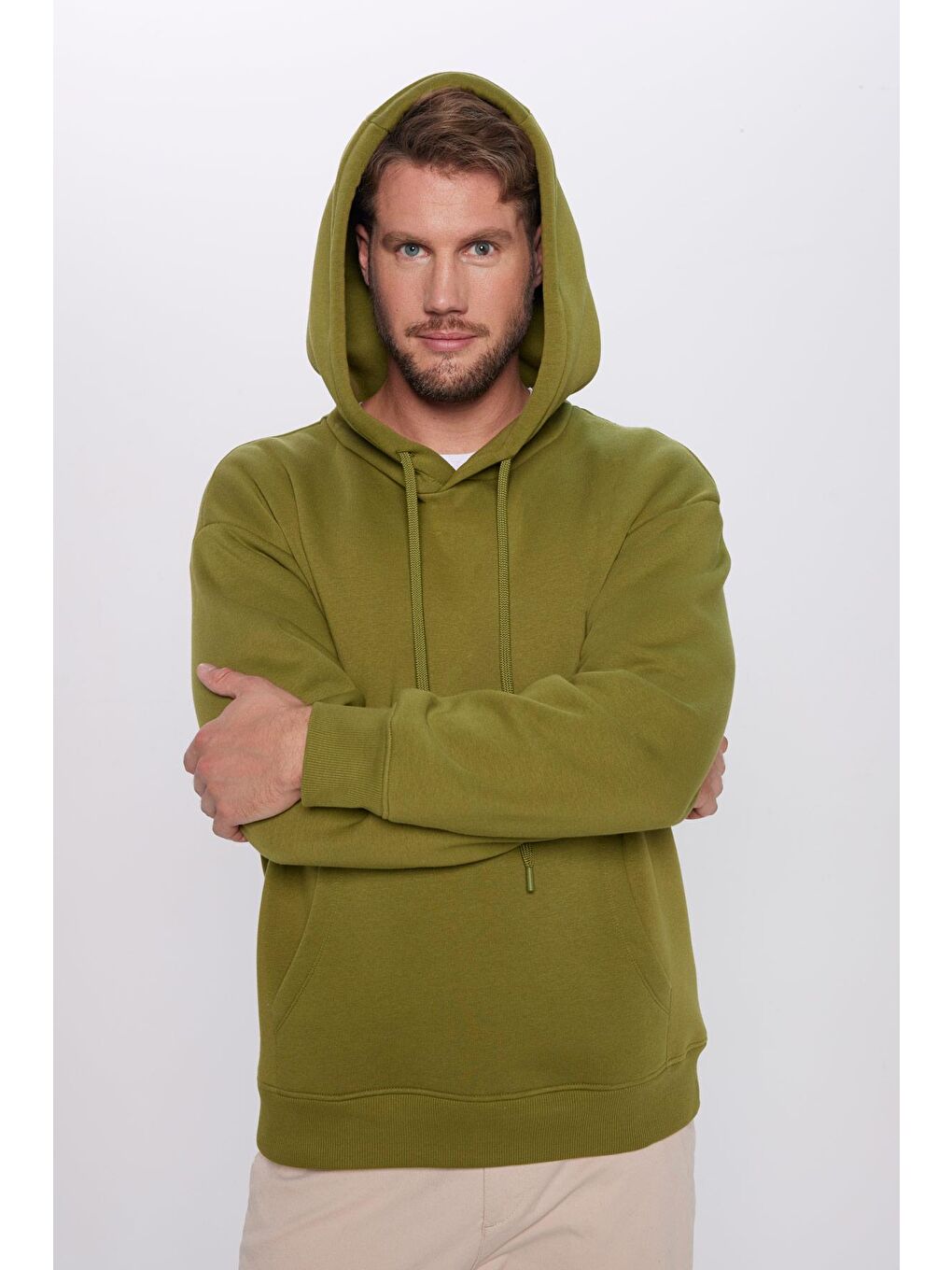 TUDORS Yeşil Unisex Oversize Geniş Kesim Pamuklu Yumuşak Dokulu İçi Polarlı Basic Yeşil Renk Kapüşonlu Sweatshirt - 1