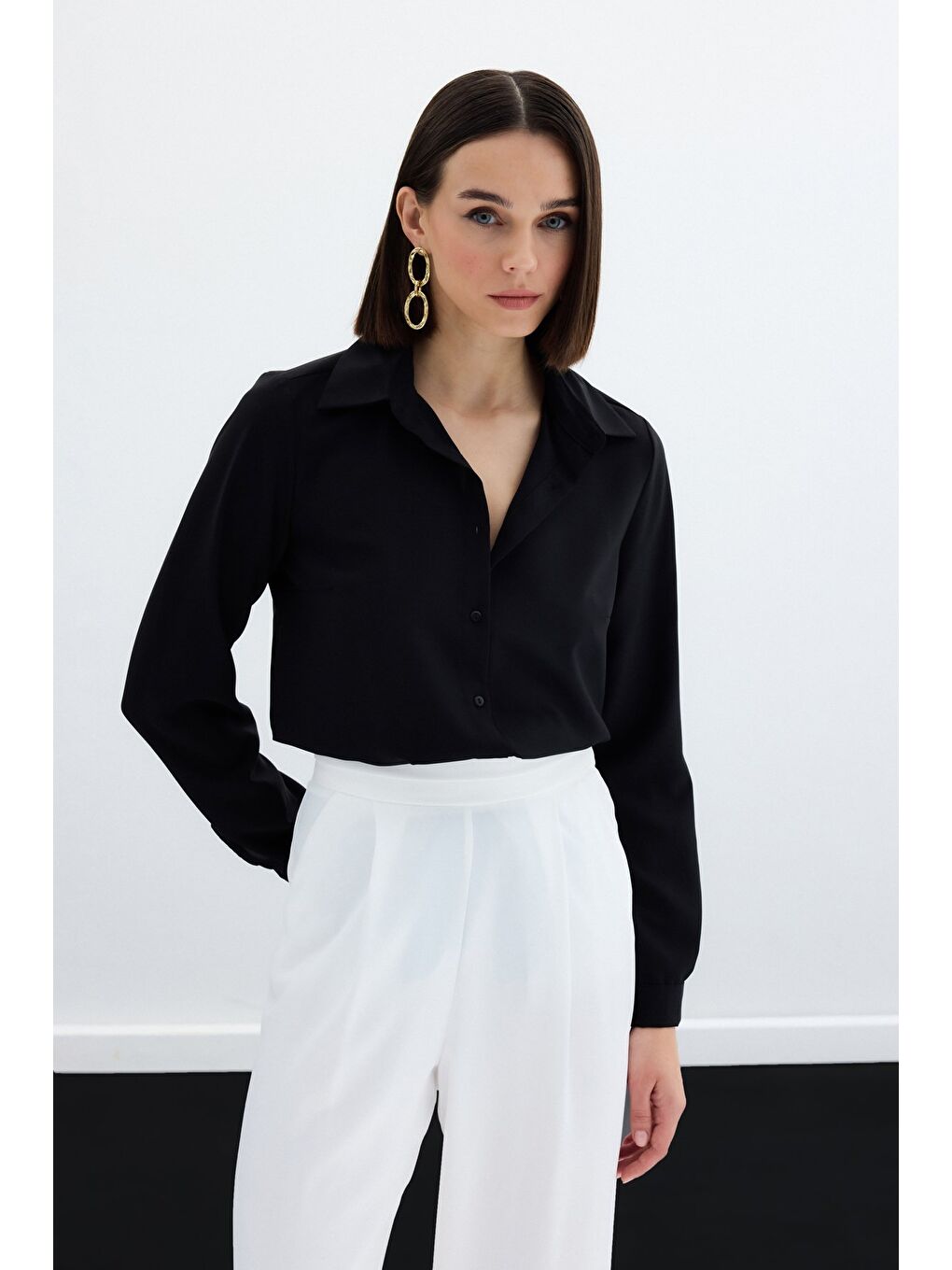 Düz Klasik Gömlek - Siyah-3