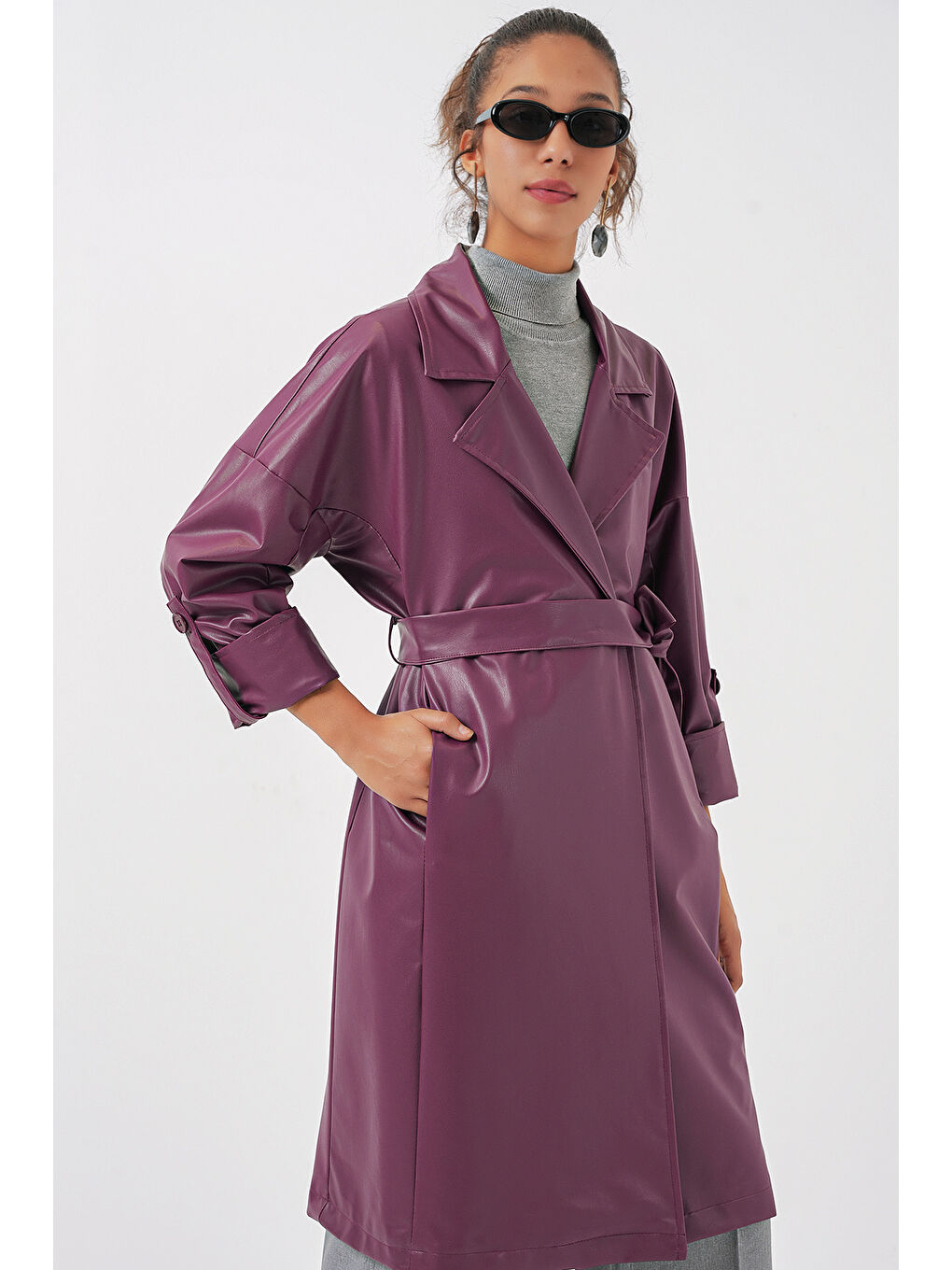 1034 Kuşaklı Suni Deri Trençkot - Mürdüm-3