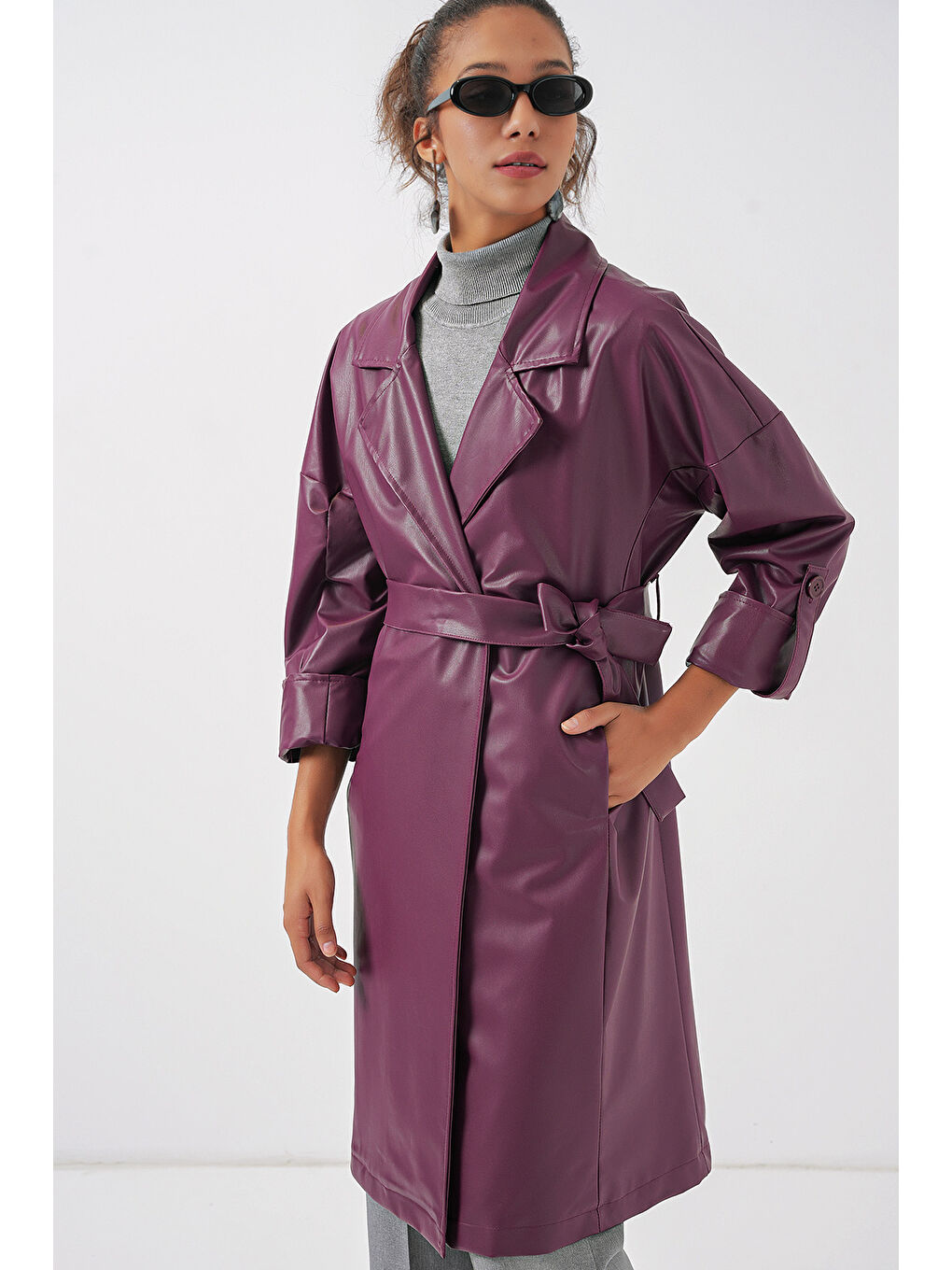 1034 Kuşaklı Suni Deri Trençkot - Mürdüm-4