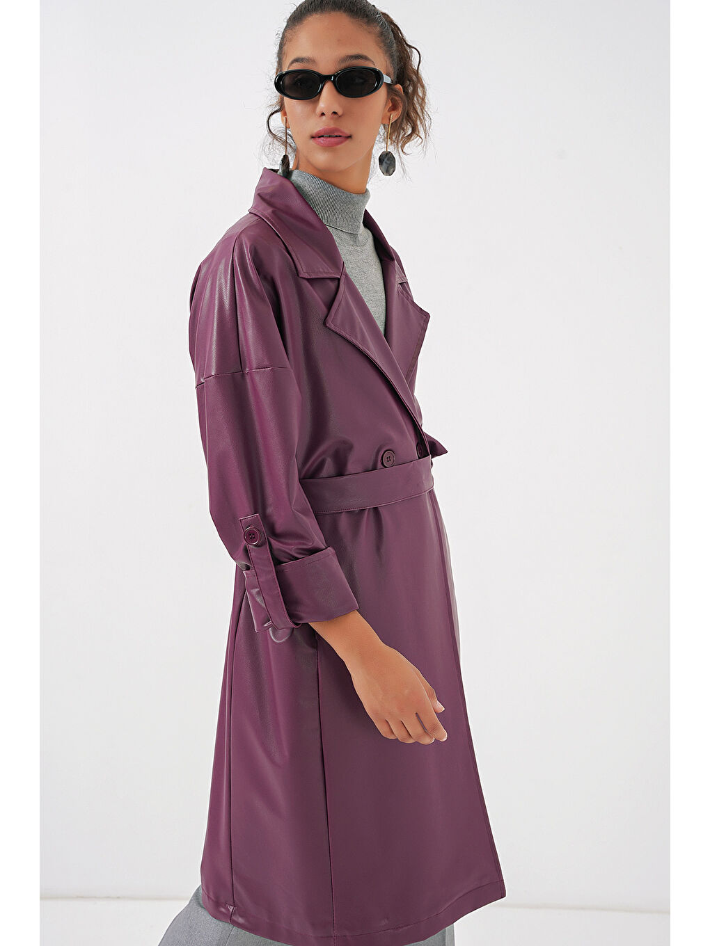 1034 Kuşaklı Suni Deri Trençkot - Mürdüm-5