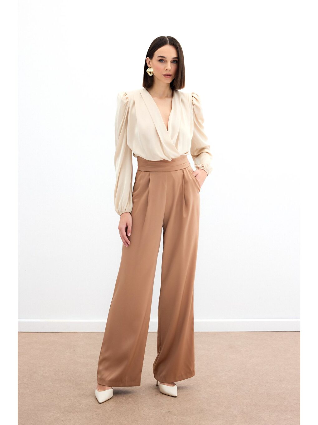 Kahverengi Cepli Salaş Saten Pantolon - Camel