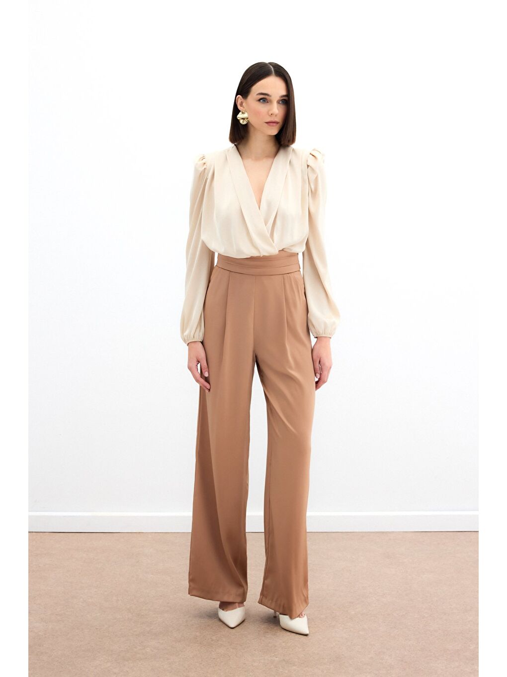 Kahverengi Cepli Salaş Saten Pantolon - Camel-3