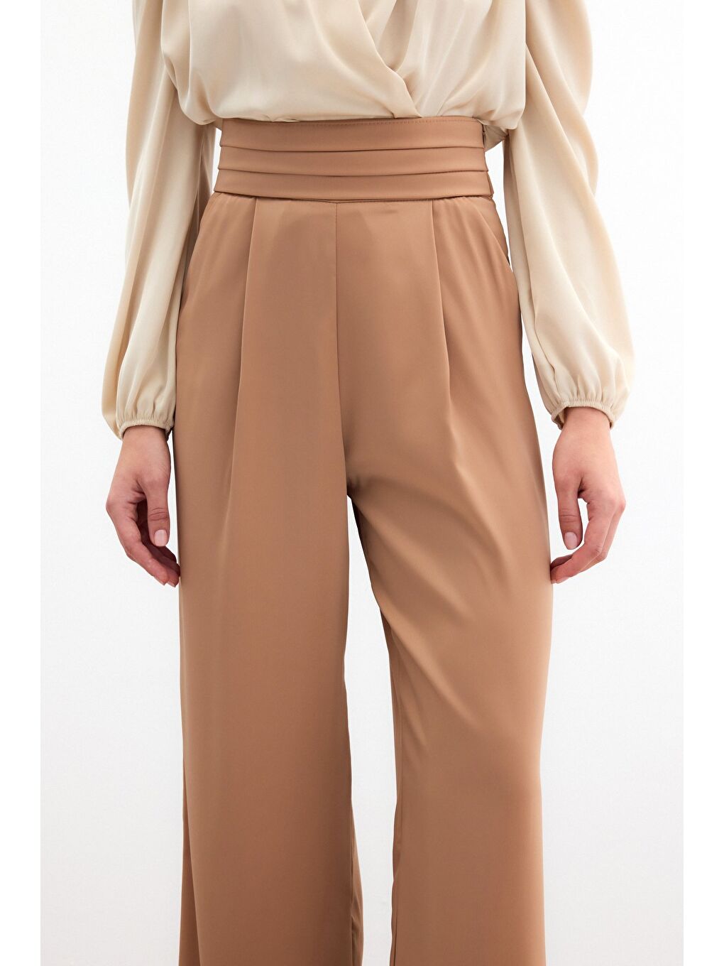 Kahverengi Cepli Salaş Saten Pantolon - Camel-4