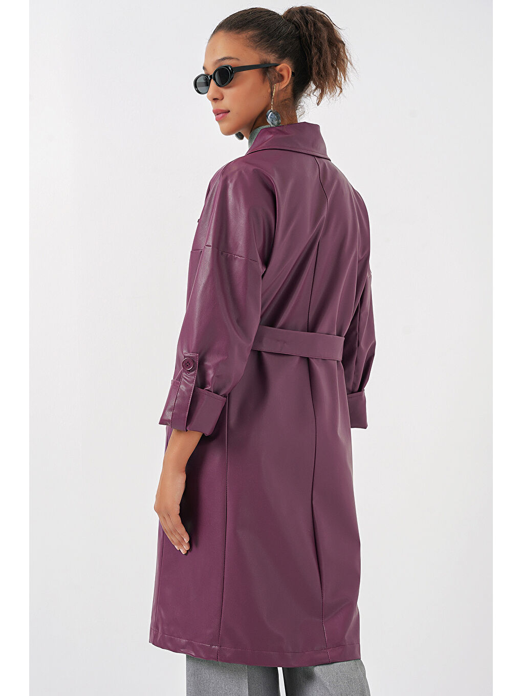 1034 Kuşaklı Suni Deri Trençkot - Mürdüm-7