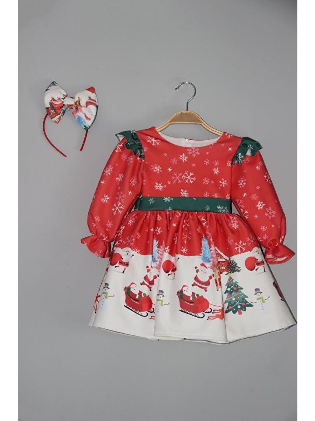 Kız Çocuk Kar Tanesi Desenli Kolları Fırfırlı Noel Baskılı Kırmızı Elbise