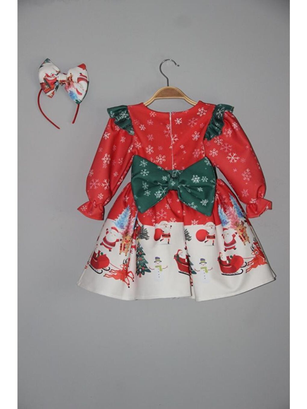Kız Çocuk Kar Tanesi Desenli Kolları Fırfırlı Noel Baskılı Kırmızı Elbise-1