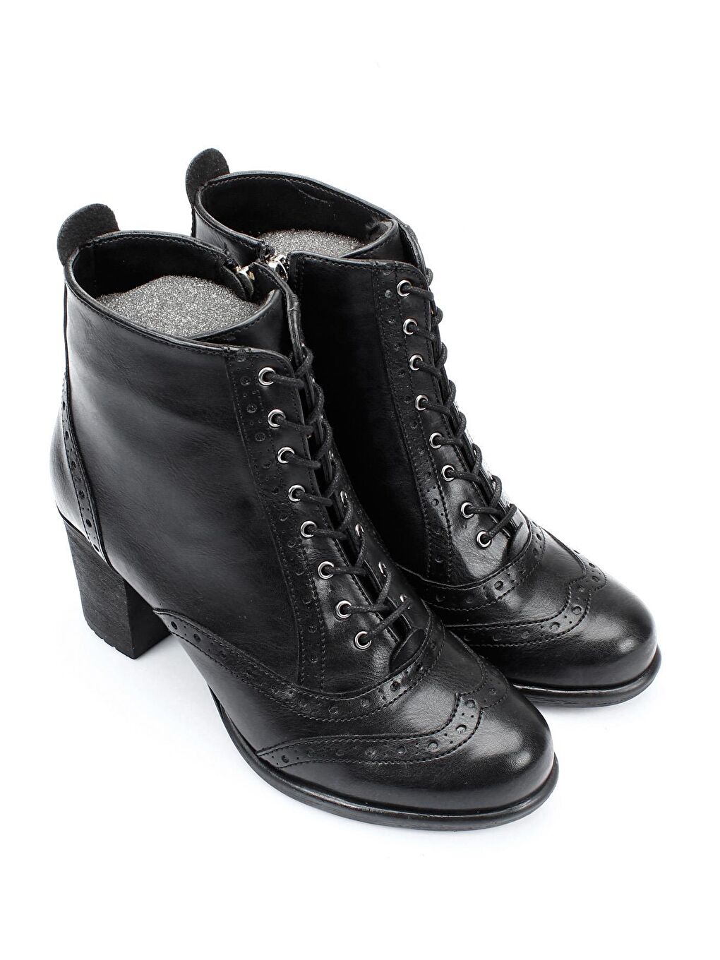 Siyah Yuvarlak Burun Kauçuk Taban Topuklu Fermuarlı Bağcıklı Kadın Günlük Bot 10435-1