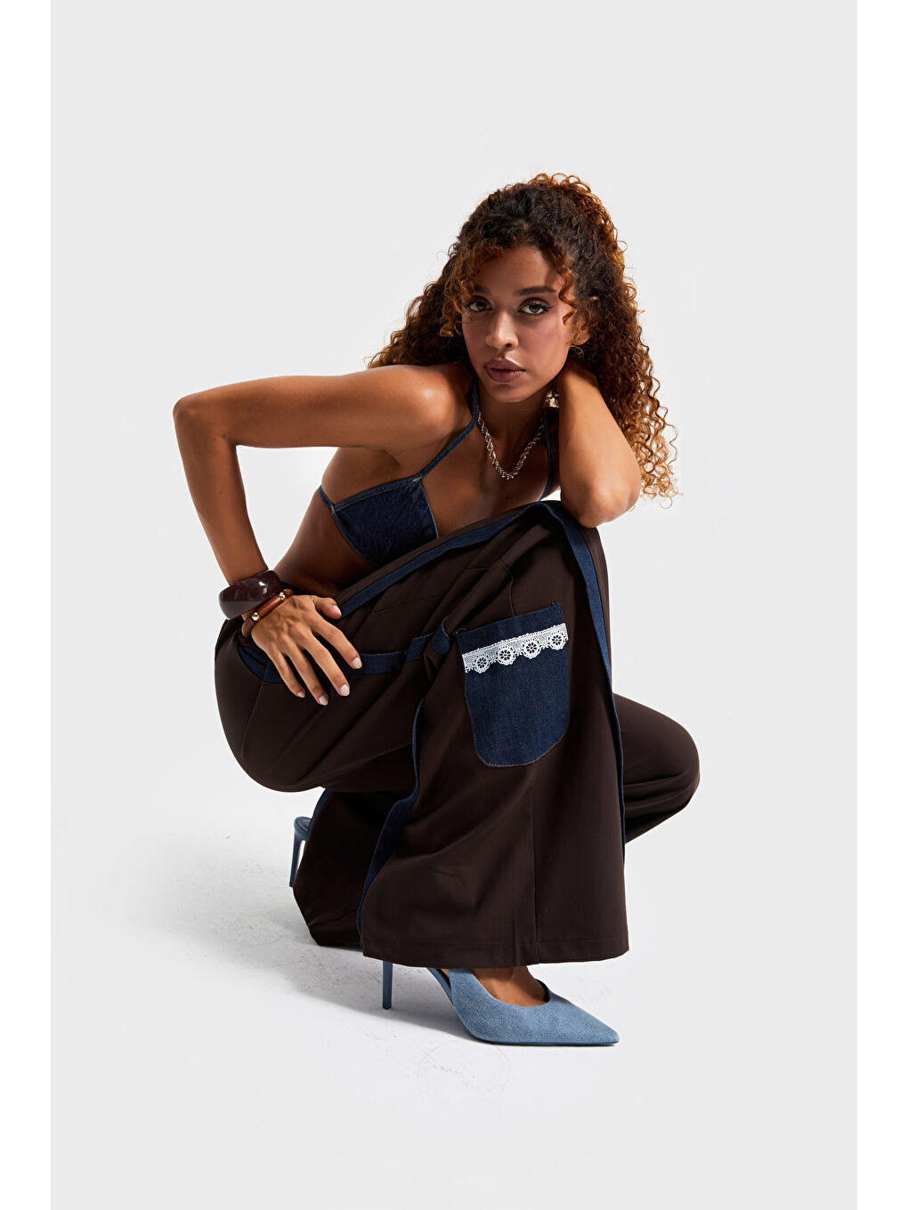 Kadın Kahverengi Palazzo Fit Denim Detaylı Özel Tasarım Pantolon-2