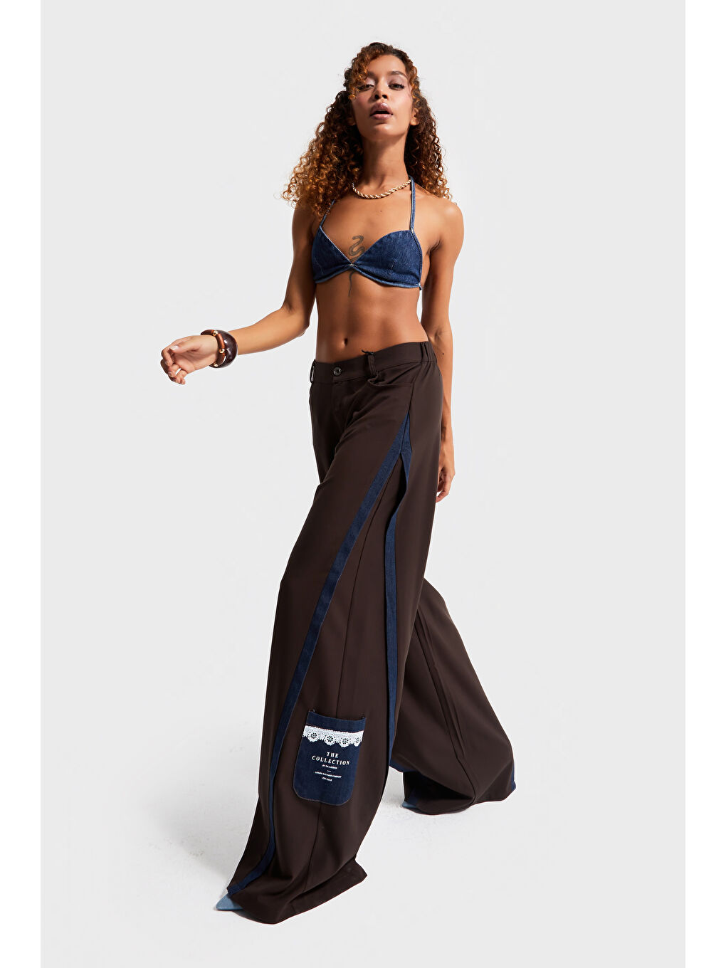 Kadın Kahverengi Palazzo Fit Denim Detaylı Özel Tasarım Pantolon-3