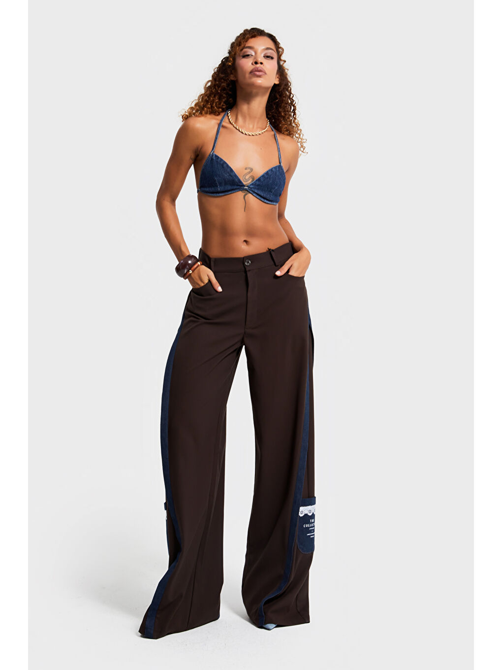 Kadın Kahverengi Palazzo Fit Denim Detaylı Özel Tasarım Pantolon-5