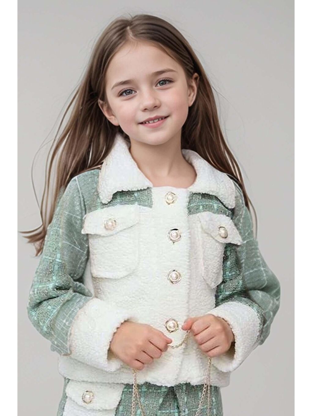 Kız Çocuk İnci Düğme ve Pelüş Detaylı Gömlek Yeşil Triko Etekli Takım-1