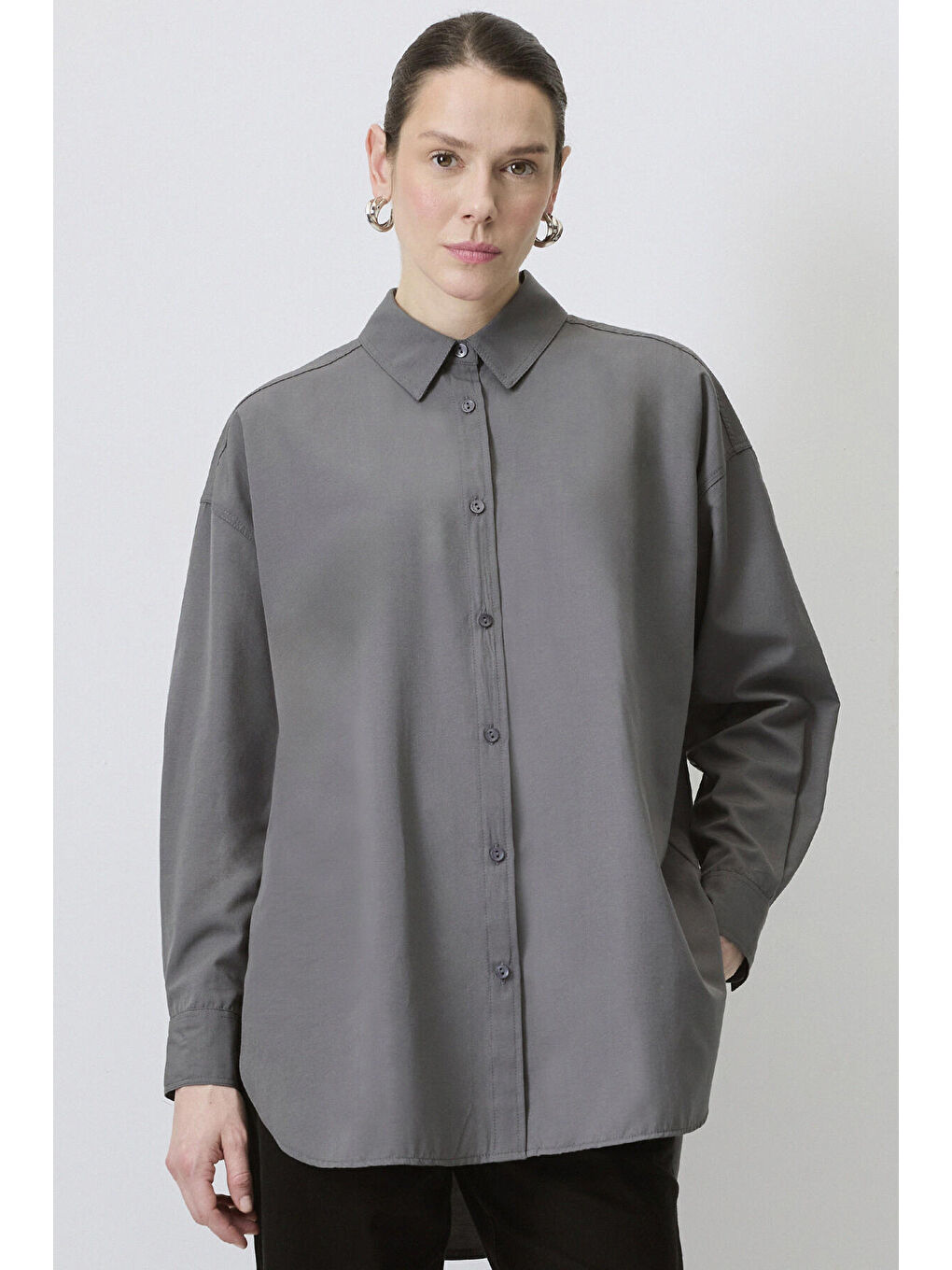 Touche Prive Antrasit Relax Fit Poplin Gömlek - 3