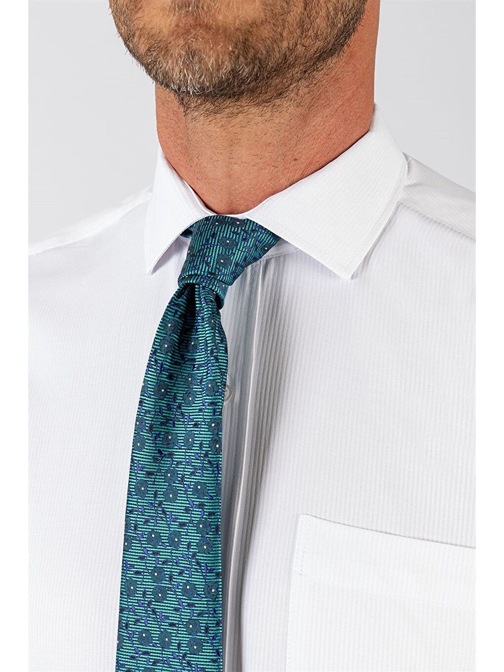 Erkek Regular Fit Klasik Kesim Armürlü Kravatlık Yaka Desenli Beyaz Gömlek-2