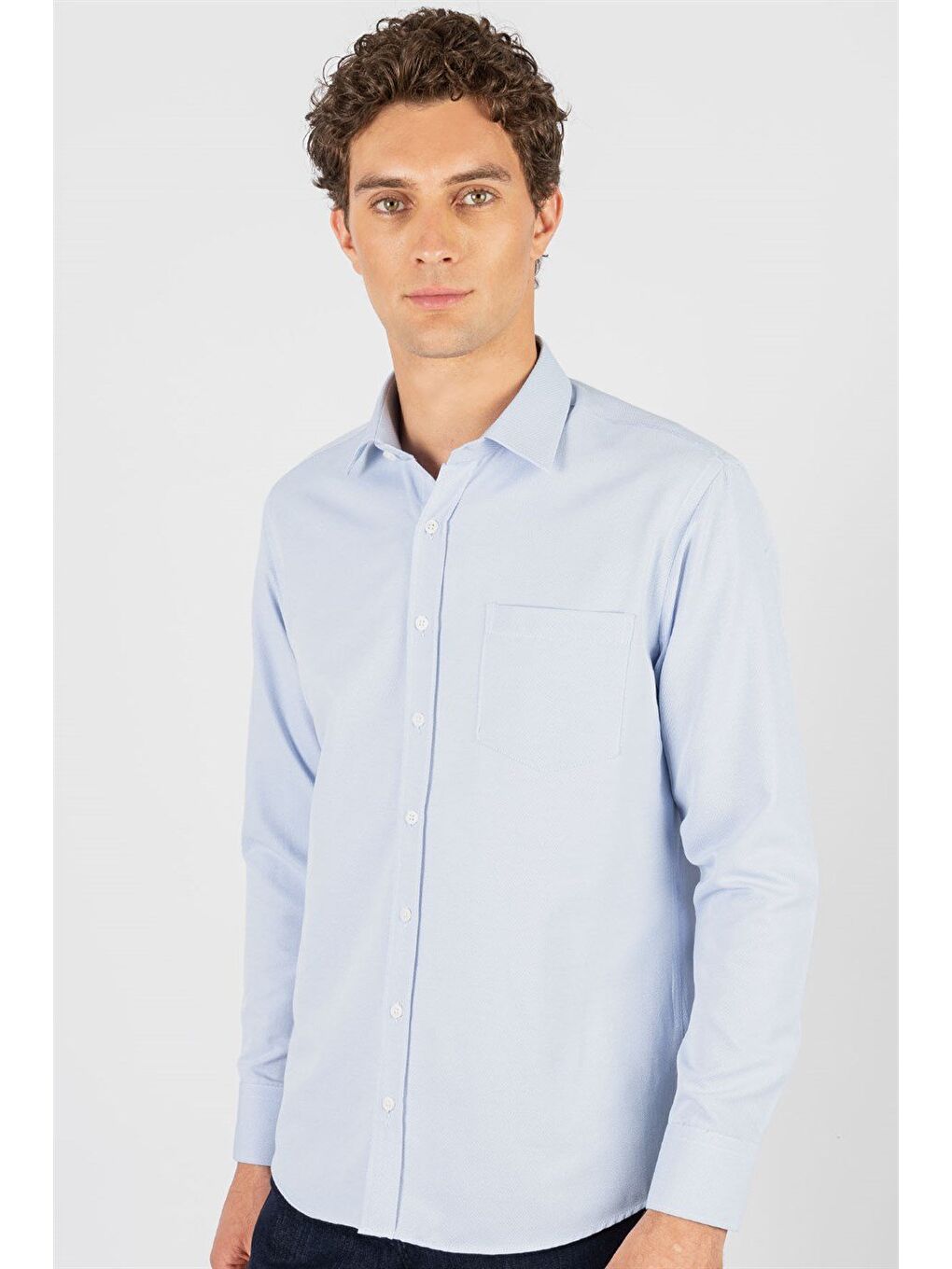 Erkek Regular Fit Klasik Kolay Ütülenebilir Kesim Armürlü Kravatlık Yaka Desenli Mavi Gömlek-1