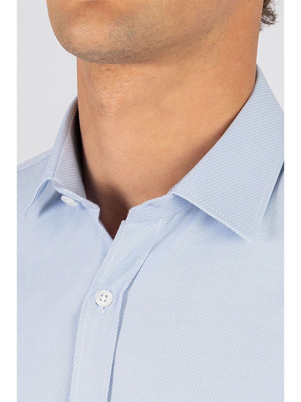 Erkek Regular Fit Klasik Kolay Ütülenebilir Kesim Armürlü Kravatlık Yaka Desenli Mavi Gömlek-2