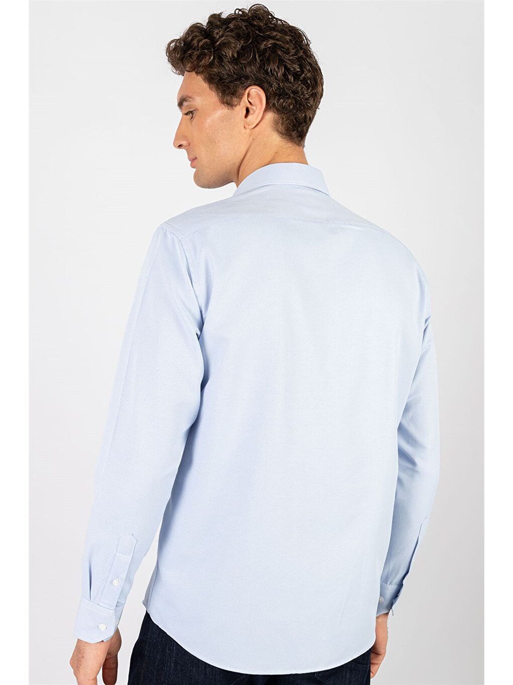 Erkek Regular Fit Klasik Kolay Ütülenebilir Kesim Armürlü Kravatlık Yaka Desenli Mavi Gömlek-3