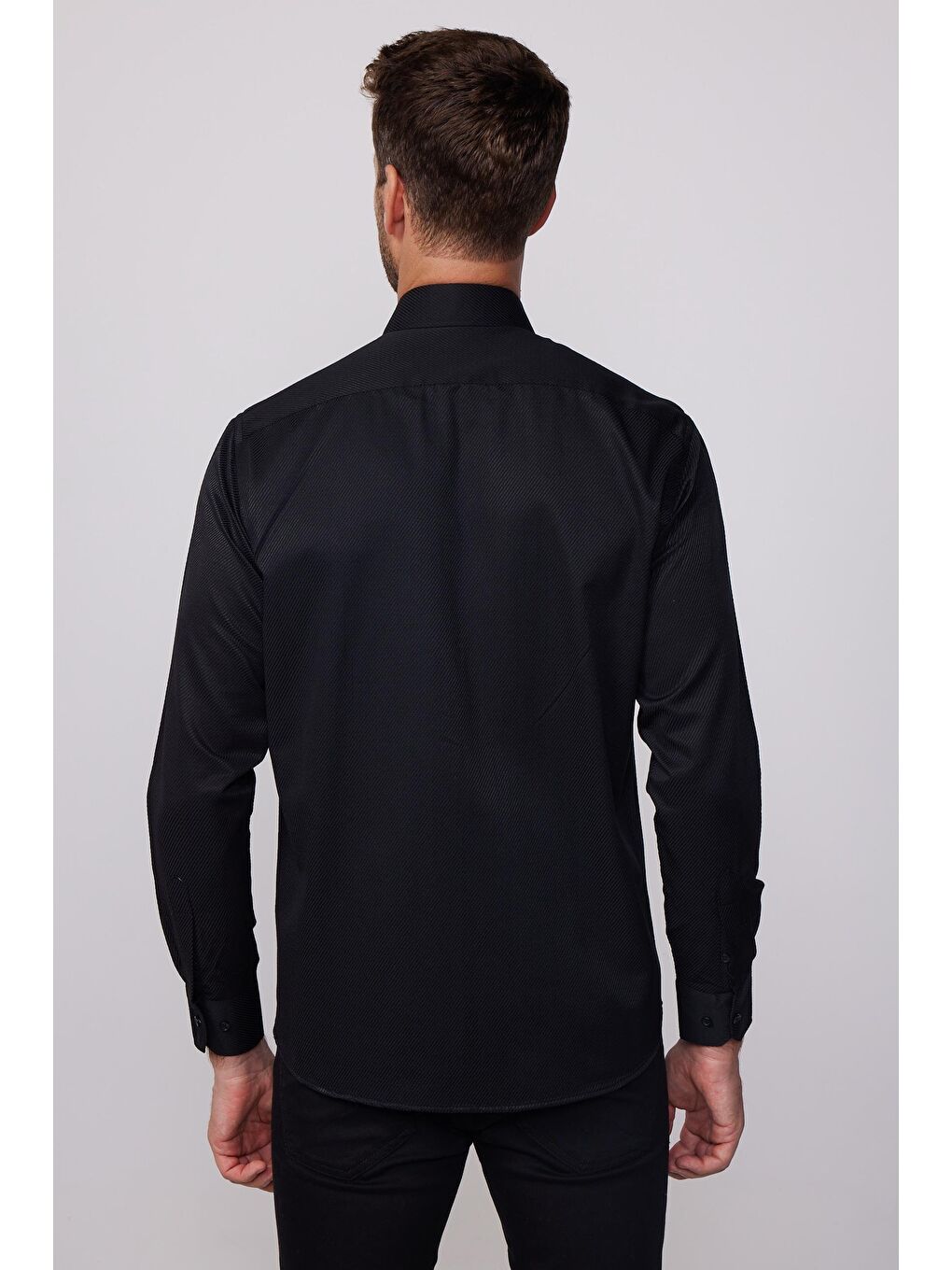 Erkek Regular Fit Klasik Kesim Armürlü Kravatlık Yaka Desenli Siyah Gömlek-4