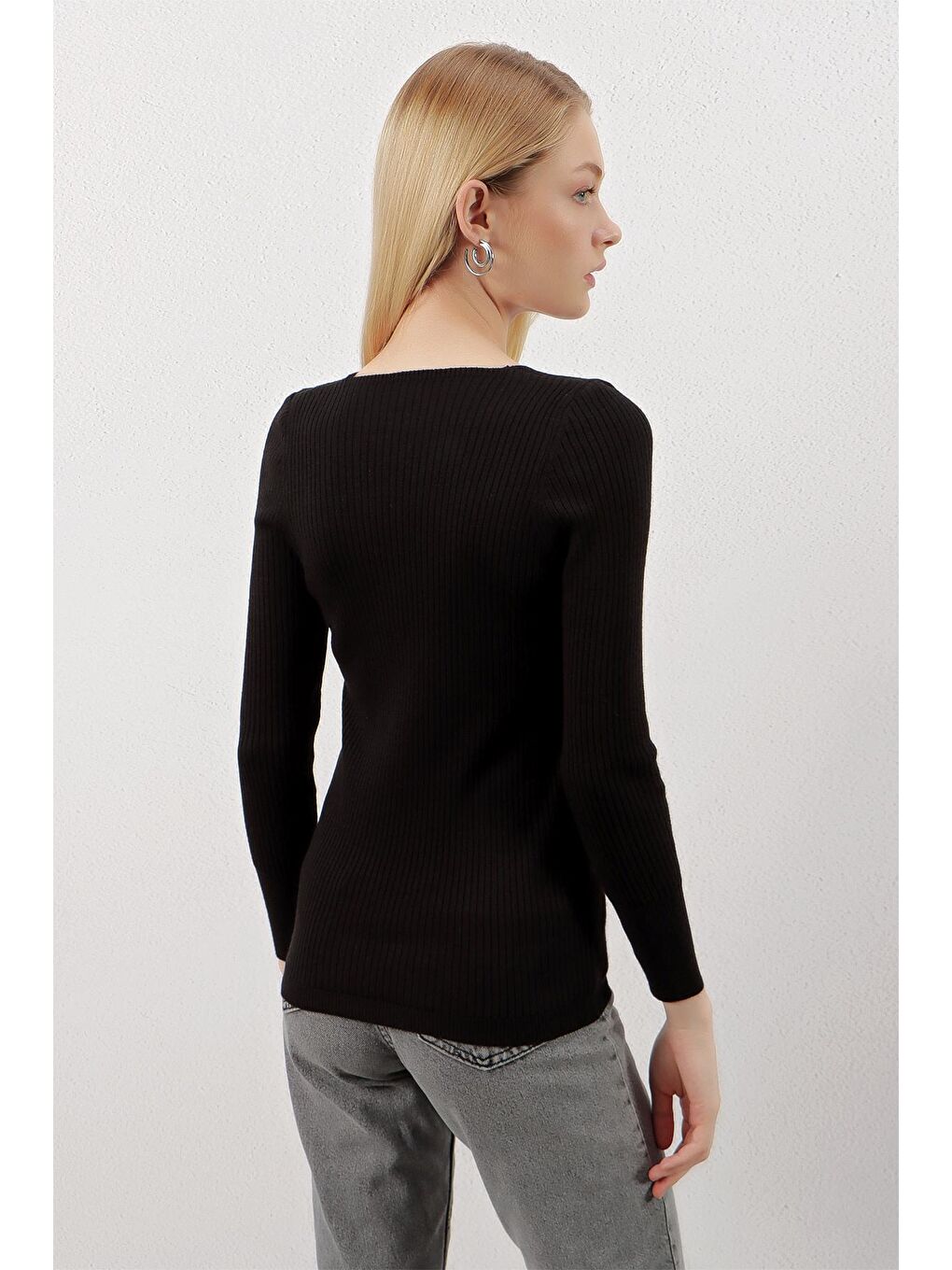 Kadın Siyah V Yaka Fitilli Basic Body Triko Kazak-4