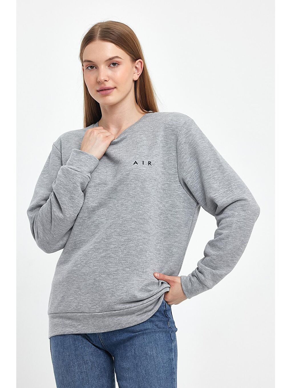 Süperlife Açık Gri Kadın Bisiklet Yaka Rahat Kalıp 3 iplik Kalın Air Nakışlı Sweatshirt SPR24SWK33