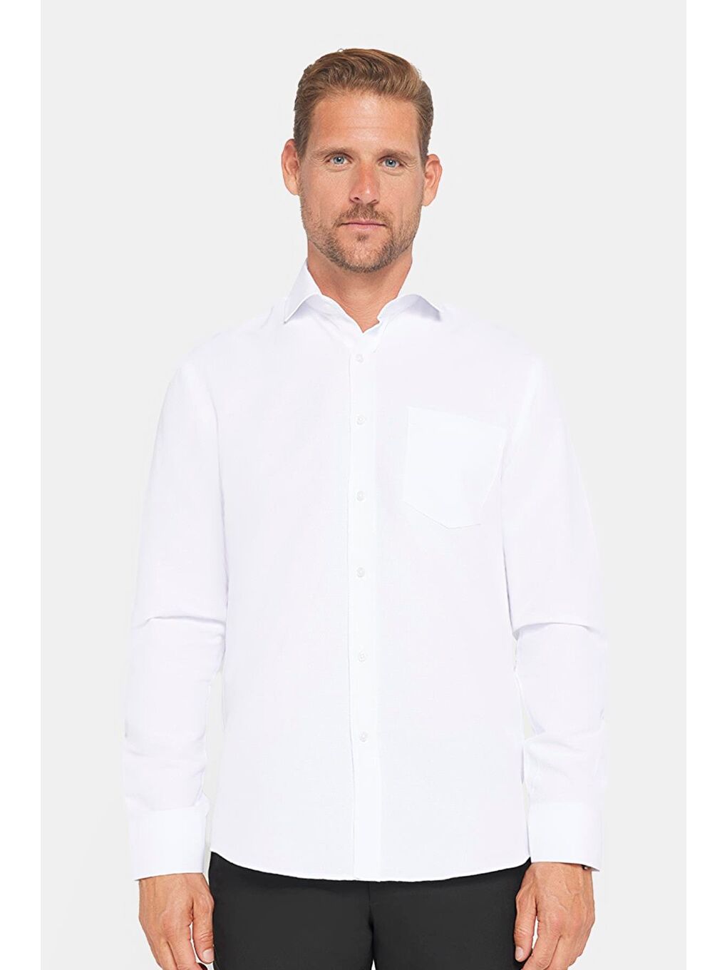 Erkek Regular Fit Klasik Kesim Armürlü Kravatlık Yaka Desenli Beyaz Gömlek-1