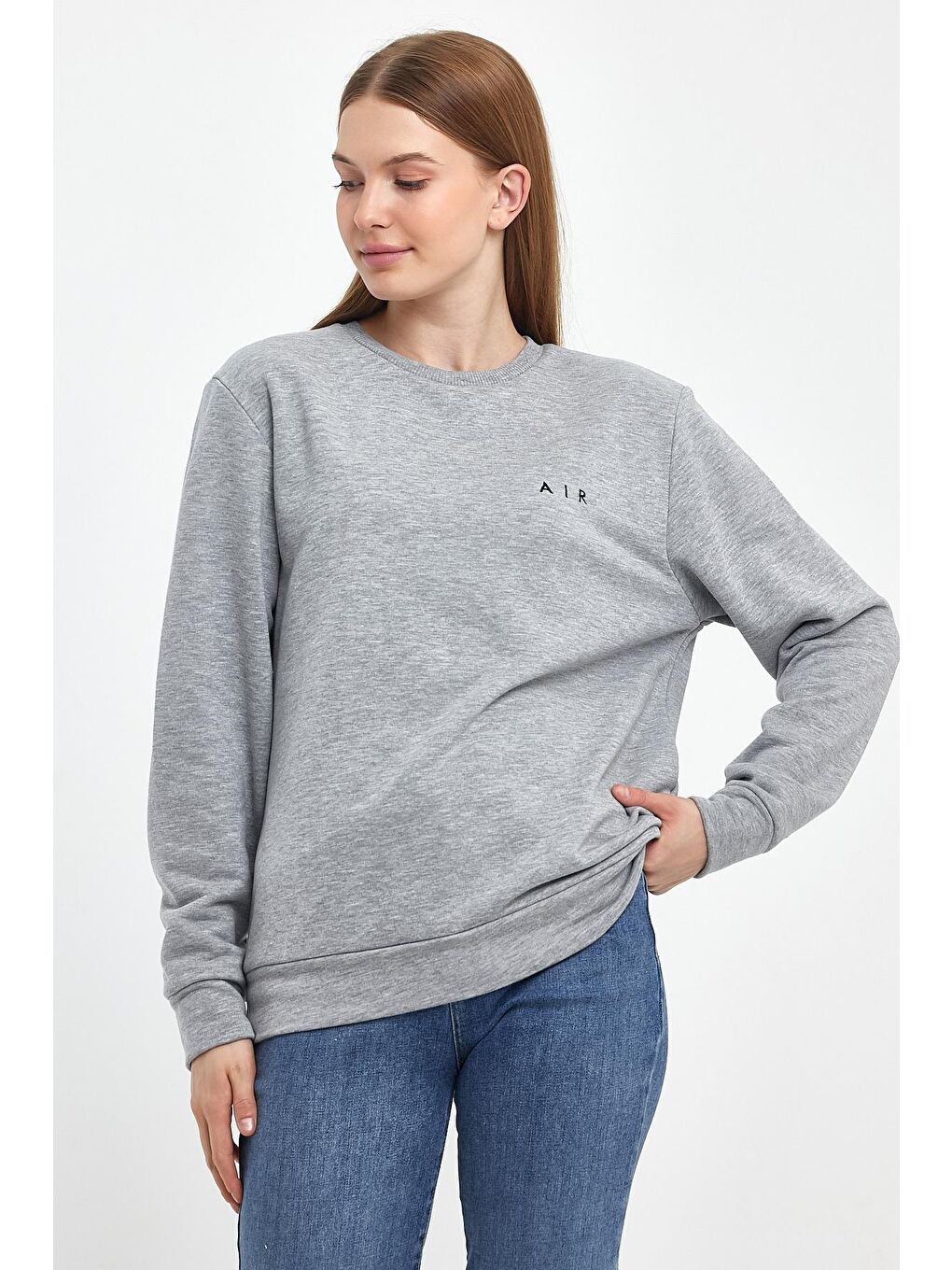 Süperlife Açık Gri Kadın Bisiklet Yaka Rahat Kalıp 3 iplik Kalın Air Nakışlı Sweatshirt SPR24SWK33 - 1